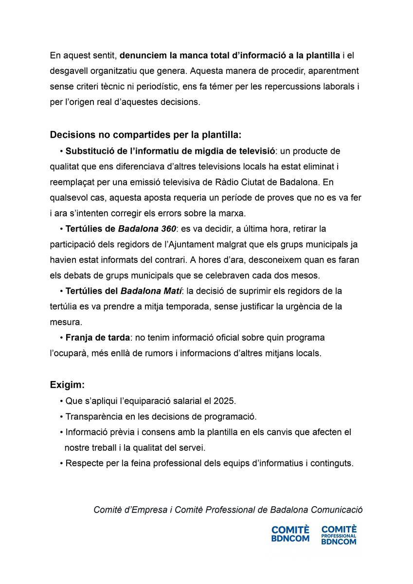 Comitè treballadors BDNCOM (@dbdncom) on Twitter photo 🔴 Comunicat conjunt amb el comitè professional <a href="/comite_bdncom/">CProfessionalBdncom</a>
➡️ Emprendrem accions legals per aplicar l'equiparació pactada
⛔️ Expressem la nostra disconformitat amb els
canvis de programació
⚠️ No tolerarem represàlies contra cap treballador/a 🔴 Comunicat conjunt amb el comitè professional <a href="/comite_bdncom/">CProfessionalBdncom</a>
➡️ Emprendrem accions legals per aplicar l'equiparació pactada
⛔️ Expressem la nostra disconformitat amb els
canvis de programació
⚠️ No tolerarem represàlies contra cap treballador/a