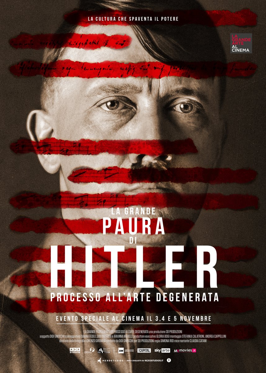 Arriva nelle sale il 3, 4, 5 novembre LA GRANDE PAURA DI HITLER – PROCESSO ALL’ARTE DEGENERATA.

Prodotto da 3D Produzioni, diretto da Simona Risi, su soggetto di Didi Gnocchi che firma la sceneggiatura con Sabina Fedeli e Arianna Marelli, con la voce narrante di Claudia Catani.