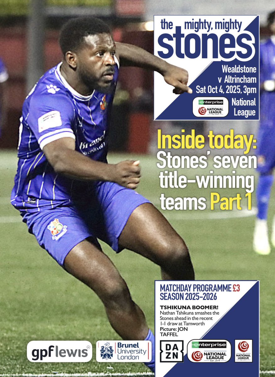 timparks3's tweet photo. Another Saturday, another home @WealdstoneProg for the visit of @altrinchamfc and we have 60 glossy pages including interviews with home and away fans, Max Kretz’s column plus Part One of a new series on the Stones’ seven title-winning teams. Retweet to save the printed prog! 💙 https://t.co/buxI5BQi3A