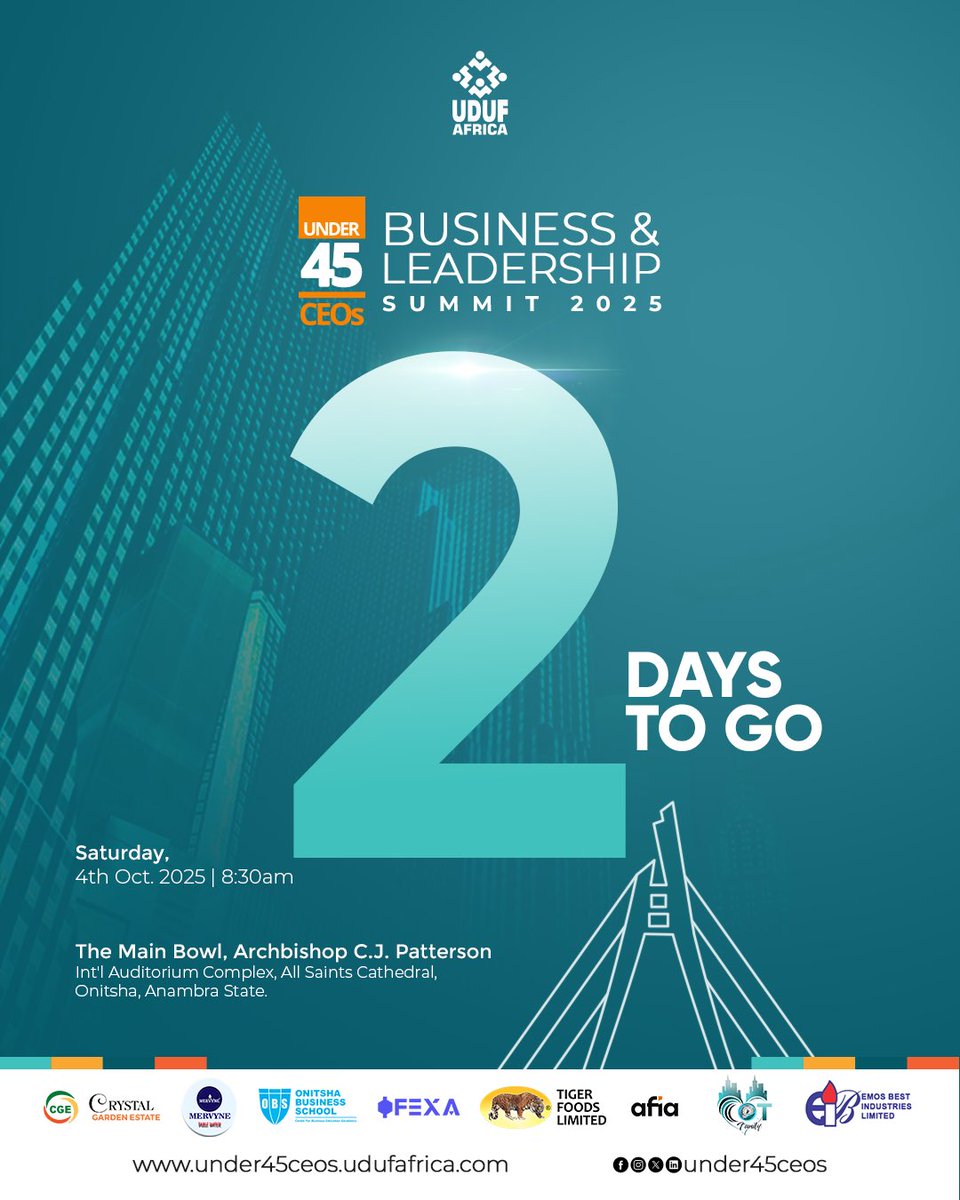 In just 2 days, the largest gathering of under 45 CEOs Business and Leadership Summit kicks off in Onitsha.

This isn’t just another summit, it’s the kind of room that shifts your network, your business, your influence.

You’ll either talk about being there… or wish you were.