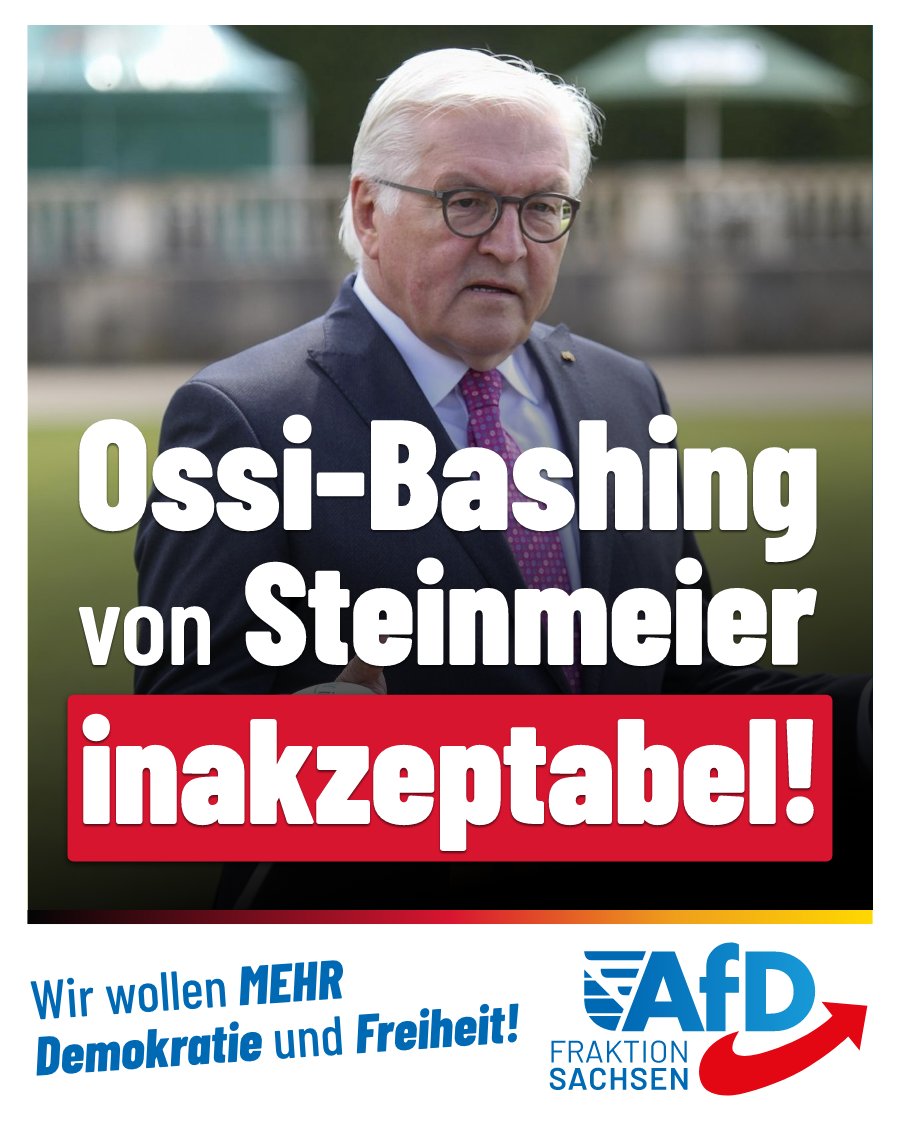 AfD-Fraktion Sachsen (@afd_slt) on Twitter photo Anlässlich des 35. Jahrestages der Deutschen Einheit wirft Bundespräsident Frank-Walter Steinmeier (SPD) den Ostdeutschen ein gestörtes Verhältnis zur Demokratie vor, weil sie zu großen Teilen die AfD wählen.
Dazu erklärt der sächsische AfD-Fraktionsvorsitzende <a href="/Joerg_UrbanAfD/">Jörg Urban | AfD Sachsen</a>: Anlässlich des 35. Jahrestages der Deutschen Einheit wirft Bundespräsident Frank-Walter Steinmeier (SPD) den Ostdeutschen ein gestörtes Verhältnis zur Demokratie vor, weil sie zu großen Teilen die AfD wählen.
Dazu erklärt der sächsische AfD-Fraktionsvorsitzende <a href="/Joerg_UrbanAfD/">Jörg Urban | AfD Sachsen</a>: