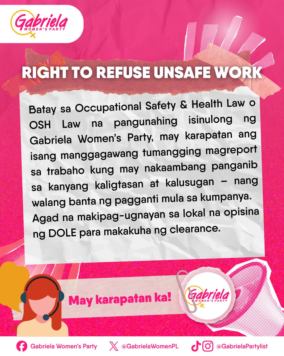 GabrielaWomenPL's tweet image. 🚨 Manggagawa, may karapatan ka! 🚨

Batay sa Occupational Safety &amp;amp; Health (OSH) Law na akda ng Gabriela Women’s Party, pwede kang tumanggi sa delikadong trabaho—nang walang banta ng pagganti mula sa kumpanya.

#LabanKababaihan #LabanGabriela