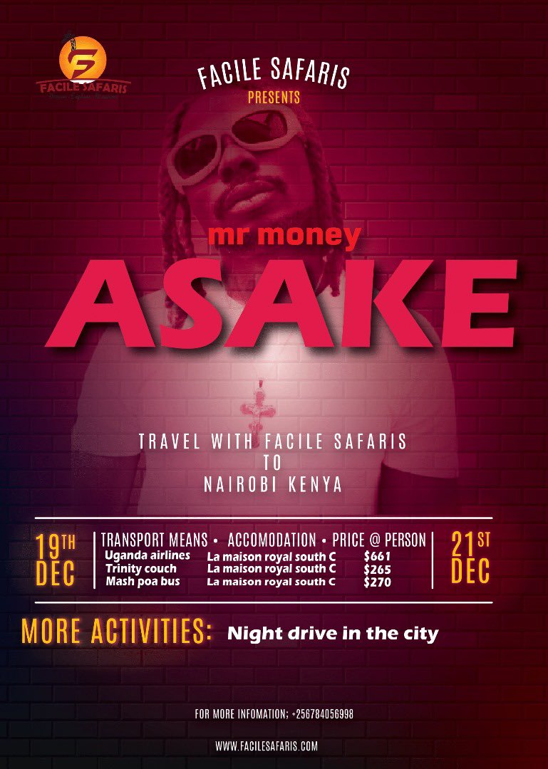 facilessafaris's tweet photo. ✨ Travel in Style, Party in Nairobi! ✨
Join Facile Safaris as we take you to experience the electrifying ASAKE – Mr. Money concert this December! 🎶
Enjoy luxury transport, top-class accommodation, and thrilling activities — including a night drive in the city 🌃.
This isn’t just a concert, it’s a lifestyle experience! 🚀🔥