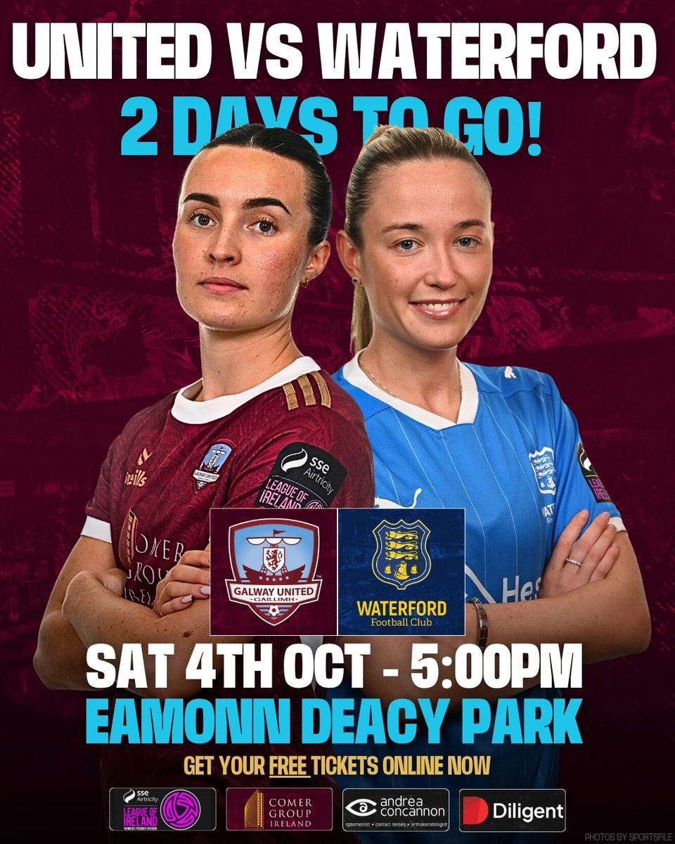 2 Days To Go 🤩

We welcome <a href="/WaterfordFCie/">Waterford FC</a> to Eamonn Deacy Park for the first time this Saturday!

Kick Off is at 5PM and all tickets are free so please come down and support your local Women's Premier Division side!

🎟: galwayunitedfc.ie/match-tickets

#ItsATribalThing | #GUFC2025 |