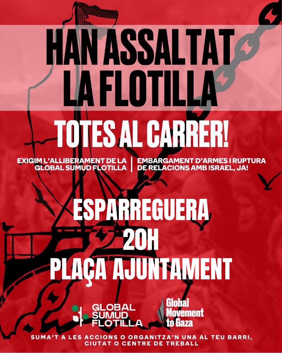 ✊ Mobilitzem-nos! Avui, tothom al carrer!

📍 A les 18h a Barcelona, a la plaça de la Carbonera (Drassanes).

📍 A les 20h, a #Esparreguera, davant de l’ajuntament.

🇵🇸 Aturem el genocidi. Palestina lliure!