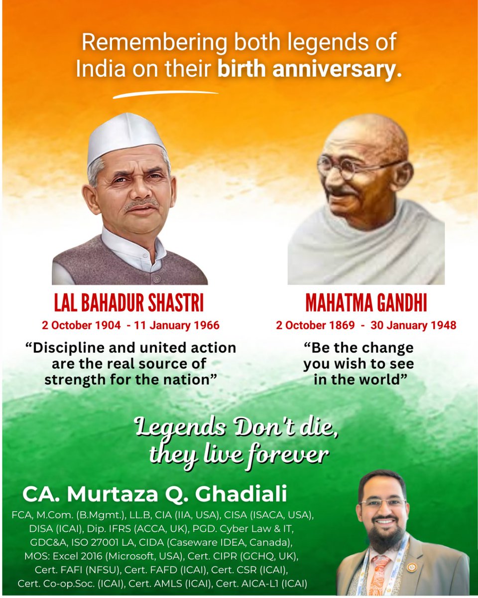 Happy Mahatma Gandhi Jaynati &amp; Lal Bahadur Shastri Jaynati.We pay tribute to Mahatma Gandhi, who showed us the power of truth, peace &amp; non-violence &amp; Lal Bahadur Shastri – India’s beloved former Prime Minister, who inspired us with his humility &amp;call of “Jai Jawan, Jai Kisan.”🌷