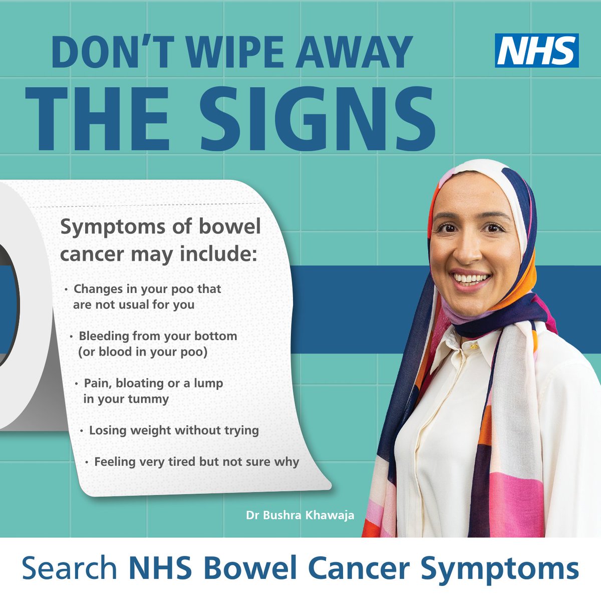 RMPartnersNHS's tweet photo. Bowel cancer is the 4th most common cancer in England, but very treatable when caught early. Don’t ignore symptoms such as blood in your poo, pain or bloating in your tummy, or changes in your poo that are not usual for you. Contact your GP practice.

Visit: https://t.co/JjwHYO5ZHf 

#DontWipeAwayTheSigns #BowelCancerAwareness

@SWLNHS @HealthierNWL