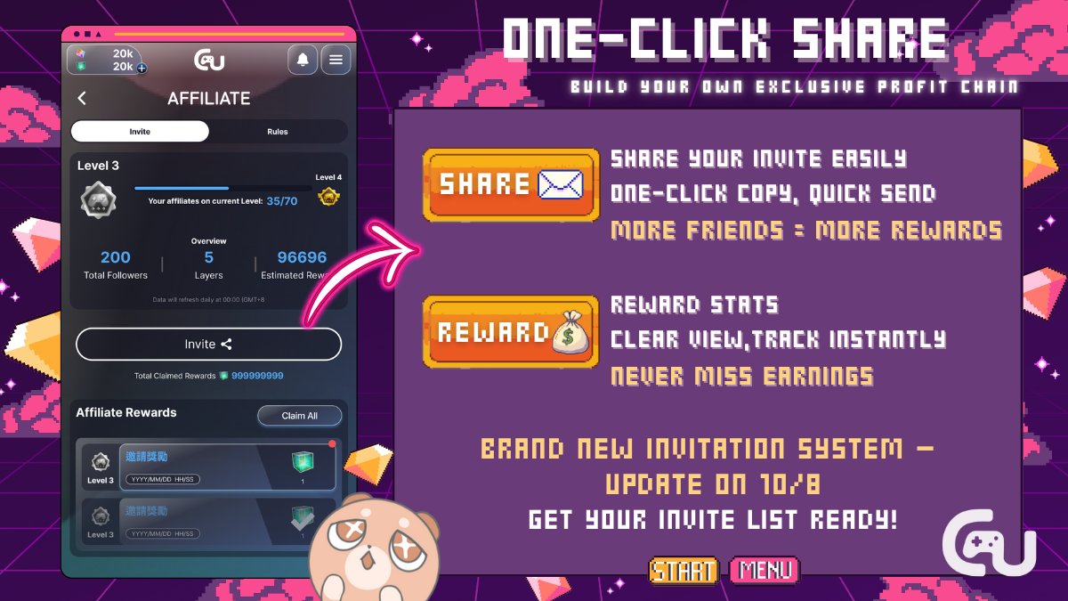 Gamunityxyz's tweet photo. Invitation System Rules Revealed!
Know reward tiers & level-up rules to climb faster!
Higher tiers = bigger rewards!
🔗 https://t.co/ftXLFRbpGI
#Gamunity #Web3Gaming #GameFi #KaiaChain #dapp_portal https://t.co/UD0EomSifM