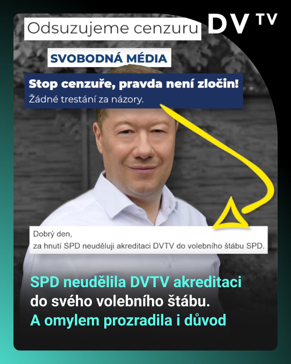 ⛔| Hnutí SPD, které v programu slibuje boj proti cenzuře a omezování veřejné debaty, nepustí DVTV do svého volebního štábu. V mailu to mluvčí nijak neodůvodnila. Vzápětí ale poslala do redakce další zprávu nadepsanou “Monitoring médií”, která měla poněkud překvapivé adresáty -