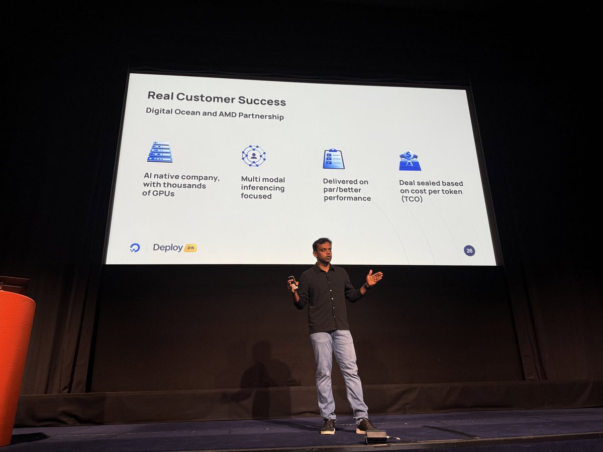 WadeWegner's tweet photo. @digitalocean @AMD Anush from AMD explains how an AI native customer of DO and AMD went live in weeks with thousands of GPUs driving multi-modal inferencing with incredibly high performance with compelling TCO.
#DODeploy https://t.co/NiM3k6Qliz