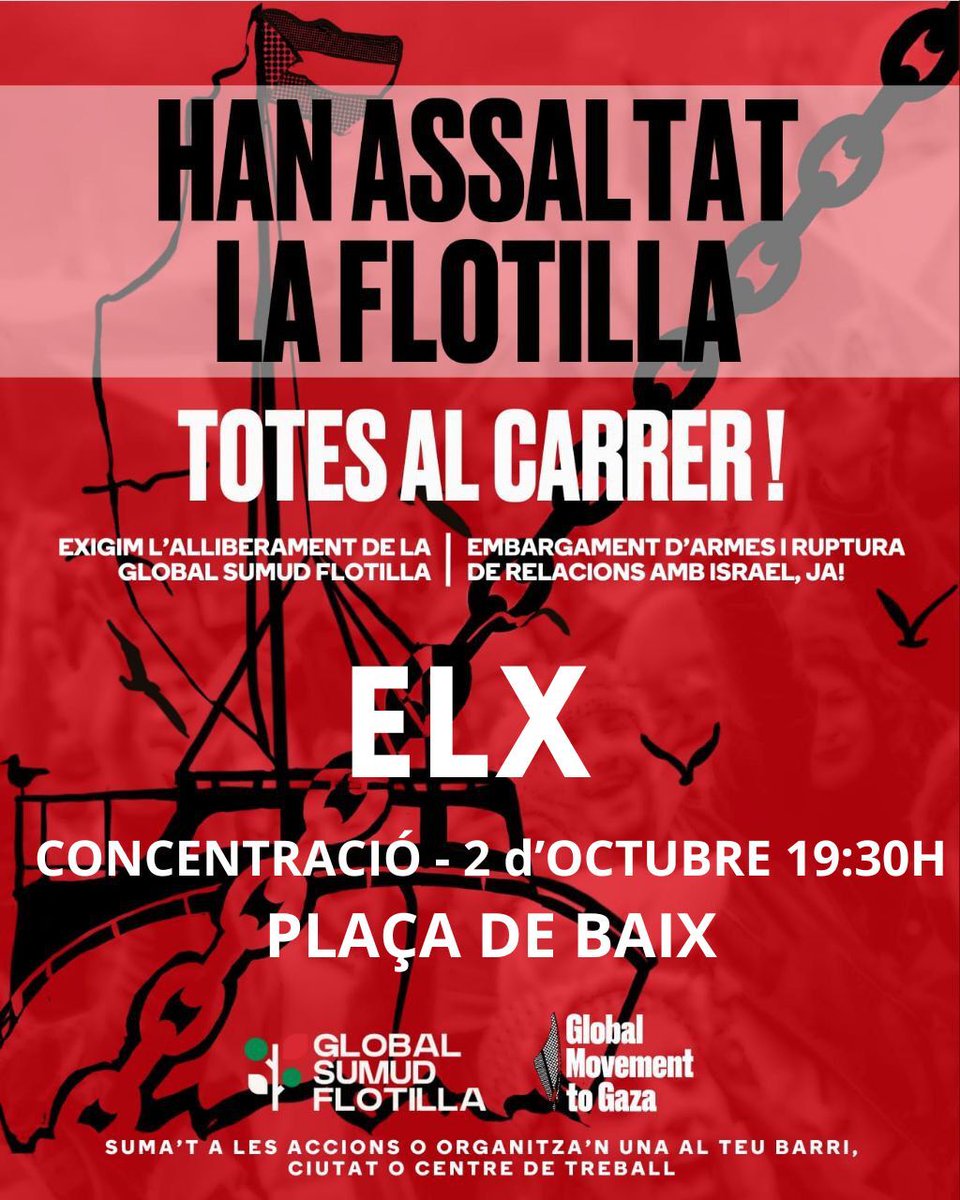 Compromís per Elx (@compromiselx) on Twitter photo ⚫️ Israel ha detingut il·legalment als membres de la <a href="/gbsumudflotilla/">Global Sumud Flotilla</a>, entre els quals es troba el nostre company <a href="/JuanBordera/">Juan Bordera🌍🇵🇸</a>.
🗣️ Una vegada més, aquesta vesprada omplim els carrers per a denunciar les accions criminals de l’Estat genocida d’Israel.
#SumudFlotilla #Gaza #Elx ⚫️ Israel ha detingut il·legalment als membres de la <a href="/gbsumudflotilla/">Global Sumud Flotilla</a>, entre els quals es troba el nostre company <a href="/JuanBordera/">Juan Bordera🌍🇵🇸</a>.
🗣️ Una vegada més, aquesta vesprada omplim els carrers per a denunciar les accions criminals de l’Estat genocida d’Israel.
#SumudFlotilla #Gaza #Elx