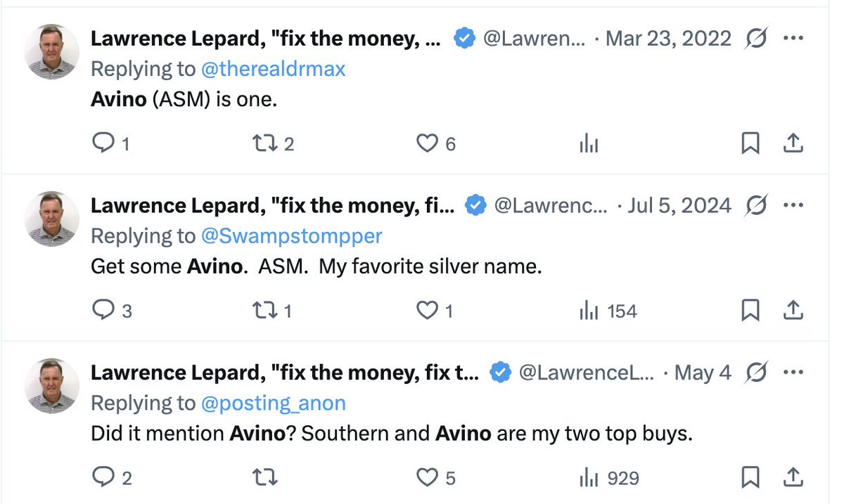 LawrenceLepard's tweet image. Is there alpha in silver miners? Exhibit A. Avino Silver (ASM) From 2022 to 2024 was available for $.40 to $1.00. Closed yesterday at $5.40. Still a core holding.