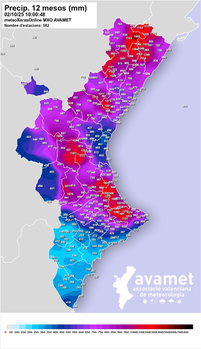 Actualitzem el mapa de pluges dels últims 12 mesos:

- Ha millorat la situació al litoral després de l'últim episodi
- Els màxims els trobem en zones muntanyoses prelitorals (més de 1600 l/m² Vallibona i Alzira - la Casella).
- No arriben als 200 l/m² Villena, Novelda i el Pinós