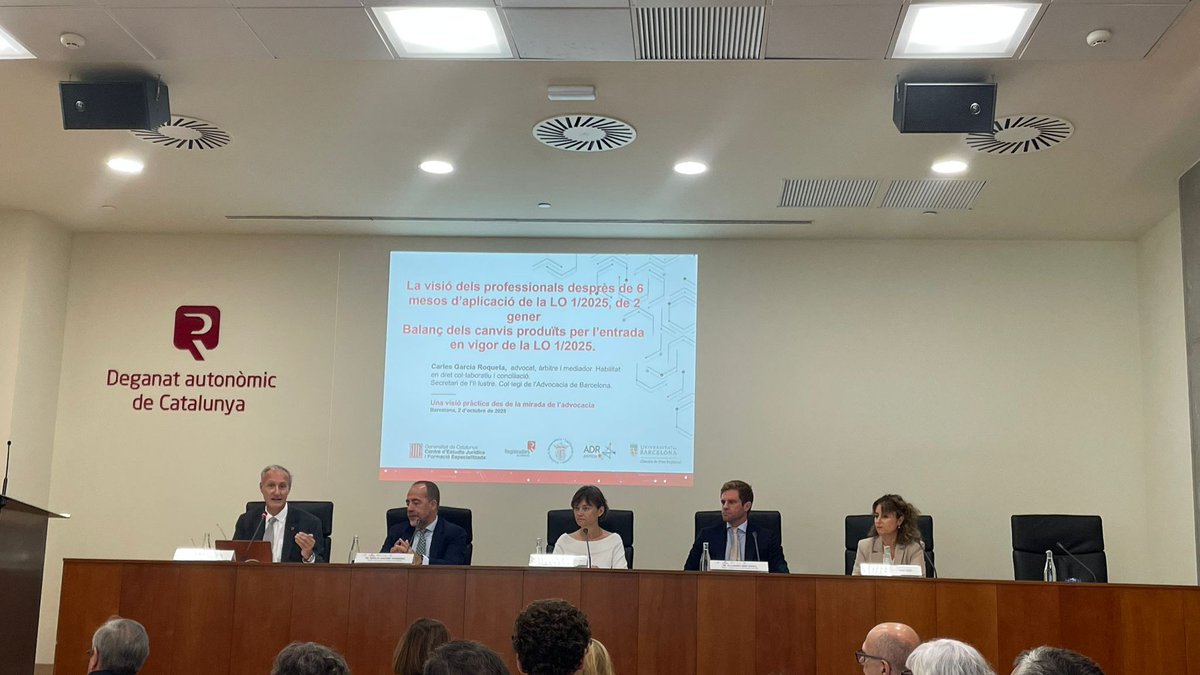 📢 El secretari de l'ICAB, <a href="/Carles_GR/">C. Garcia Roqueta ⚖️ 💚</a>, ha representat el Col·legi a les 'IV Jornades ADR en l'àmbit registral: On som 180 dies després de la LO 1/2025' celebrades a la seu de <a href="/RegistradorsCAT/">Decanato de los Registradores de Cataluña</a>. Interessant sessió per analitzar l'entrada en vigor de la llei quant a l'ús dels MASC.