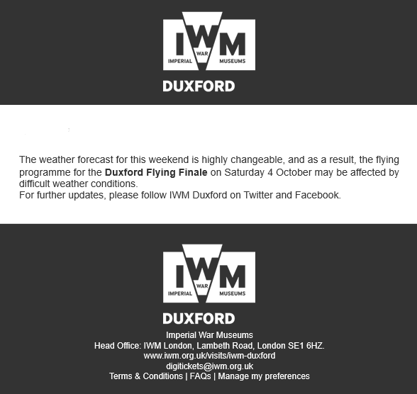 For those attending the <a href="/IWMDuxford/">IWM Duxford</a> Flying Finale this weekend, keep an eye on the IWM Duxford feeds on Facebook and Twitter as the flying displays may be affected by the difficult weather conditions forecast for this weekend 

#DuxfordAirShows #airshows #avgeek