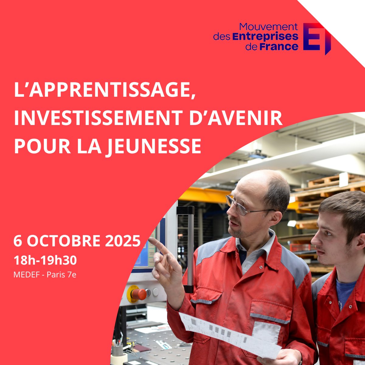 MEDEF Île-de-France (@medef_idf) on Twitter photo 🚀L’#apprentissage, levier d’avenir pour nos #jeunes & nos #entreprises !
Le 6/10, en présence de <a href="/PatrickMartin_1/">Patrick Martin</a>, président du <a href="/medef/">Mouvement des Entreprises de France</a>, débattons de son avenir face aux incertitudes budgétaires.
⏰18h
📍#Medef, Paris 7e
Inscription : urlr.me/G3UPvY
#Jeunesse #MedefIDF 🚀L’#apprentissage, levier d’avenir pour nos #jeunes & nos #entreprises !
Le 6/10, en présence de <a href="/PatrickMartin_1/">Patrick Martin</a>, président du <a href="/medef/">Mouvement des Entreprises de France</a>, débattons de son avenir face aux incertitudes budgétaires.
⏰18h
📍#Medef, Paris 7e
Inscription : urlr.me/G3UPvY
#Jeunesse #MedefIDF