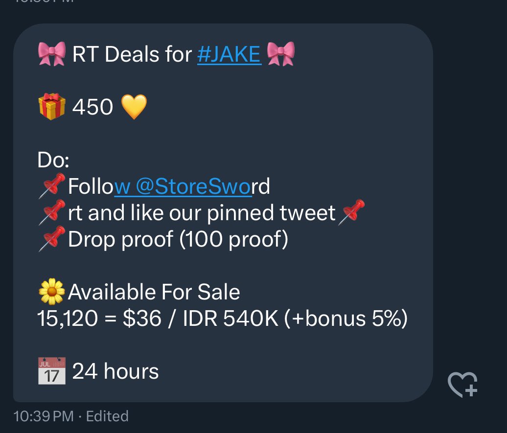 🎀 RT Deals for #JAKE 🎀

🎁 450 💛

Do:
📌Follow <a href="/StoreSword/">Sell Kpop Votes</a>
📌rt and like our pinned tweet📌
📌Drop proof (100 proof)

🌼Available For Sale
15,120 = $36 / IDR 540K (+bonus 5%)

📅 24 hours