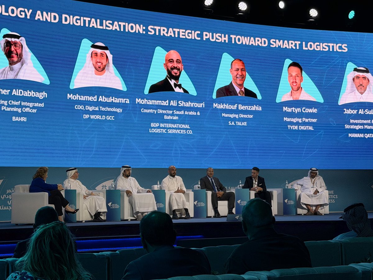 SaudiMaritime's tweet photo. Panel Discussion: Technology and Digitalisation – Strategic Push Toward Smart Logistics. 

From AI and IoT to blockchain and cybersecurity, Saudi Arabia’s Smart Ports Initiative is reshaping logistics efficiency, resilience, and transparency. 

Moderator Eithne Treanor will be joined by Taher AlDabbagh (Bahri), Mohamed AbuHamra (DP World GCC), Mohammad Ali Shahrouri (BDP), Makhlouf Benzahia (S.A. Talke), Martyn Cowie (Tyde Digital), and Jabor Al-Sulaiti (MWANI) 

to explore how digitalisation is transforming regional trade. 

#SMLC2025 #SmartLogistics #Digitalisation

جلسة حوارية: التقنية والتحول الرقمي – دفع استراتيجي نحو اللوجستيات الذكية.

من الذكاء الاصطناعي وإنترنت الأشياء إلى البلوك تشين والأمن السيبراني، تعيد مبادرة الموانئ الذكية في المملكة العربية السعودية تشكيل كفاءة الخدمات اللوجستية ومرونتها وشفافيتها.

تنضم إثني ترينور كمحاورة مع كل من طاهر الدباغ (البحري)، محمد أبو حمرة (DP World GCC)، محمد علي شهروري (BDP)، مخلوف بن زاهية (S.A. Talke)، مارتن كوي (Tyde Digital)، وجابر السليطي (موانئ) لاستكشاف كيف يُحدث التحول الرقمي نقلة نوعية في التجارة الإقليمية.

#SMLC2025 #اللوجستيات_الذكية #التحول_الرقمي