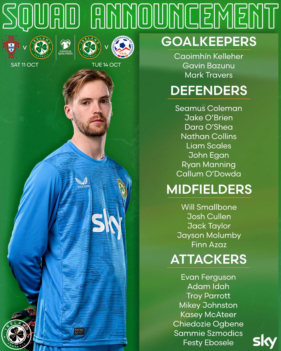 Our MNT squad to face Portugal &amp; Armenia is in 🇮🇪

Seven players return to the set-up including Seamus Coleman &amp; a first call-up for John Egan since 2023 🤝

Sat 11 Oct | 🇵🇹🇮🇪
Tue 14 Oct | 🇮🇪🇦🇲

🎟️ | ticketmaster.ie/world-cup-qual…