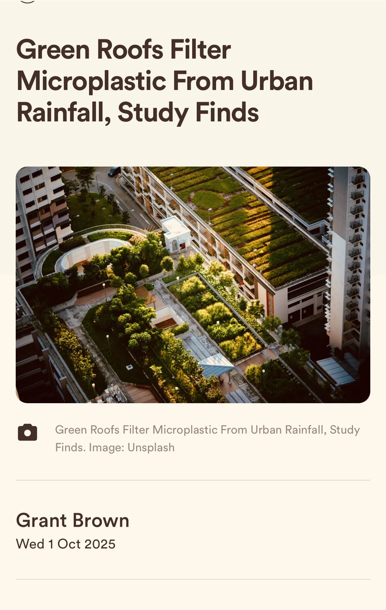 KindnessChamps's tweet image. WAHOO green roofs🌳

"A recent study published in Communications Earth &amp;amp; Environment, green roofs can remove up to 97.5% of microplastic particles in urban rainwater."🥳 LOVE this 💚#greenroofs #saveplanetearth #thereisgood❤️

Thanks #happyeconews😊happyeconews.com/green-roofs-fi…