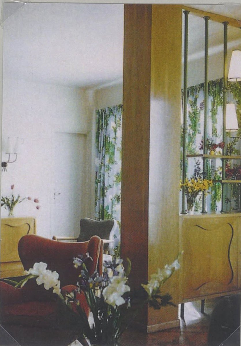 Paule Marrot contemporary of Jean were collaborators. Her vibrant motifs feature in many of Royère's projects, including his own homes.
An interior designed by Jean Royère in Cairo, 1954.
Paule Marrot patterned curtains and upholstery acacias.