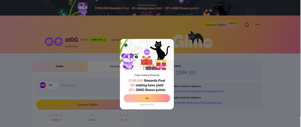 Iamdotify's tweet image. With over 100k $0G staked on @Gimo_Fi, you are not just positioning for the 6.84% APR on your staked tokens, you are also positioning for a $100,000 reward pool, and 20% GIMO bonus points. 

There is a high chance of $GIMO token in the nearest future. 

It&apos;s a win-win for the…