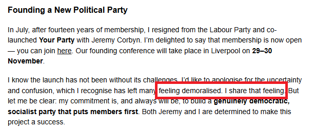 After being NFId to lead Your Party alongside Jeremy Corbyn, Zarah Sultana sent a message to rally her supporters today ...  in which she said that like them she felt 'demoralised'.