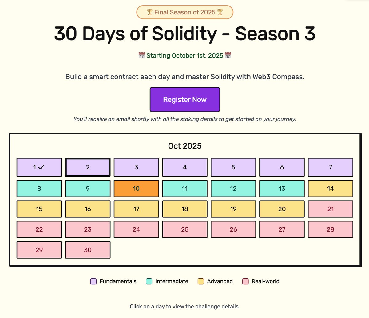 bguiz's tweet image. I enrolled in 30 days of solidity by the_web3compass with the intention of being a fly on the wall, but then the tasks looked quite fun, so decided to participate properly

plan is to post myself working through the solutions as I go along here 👇