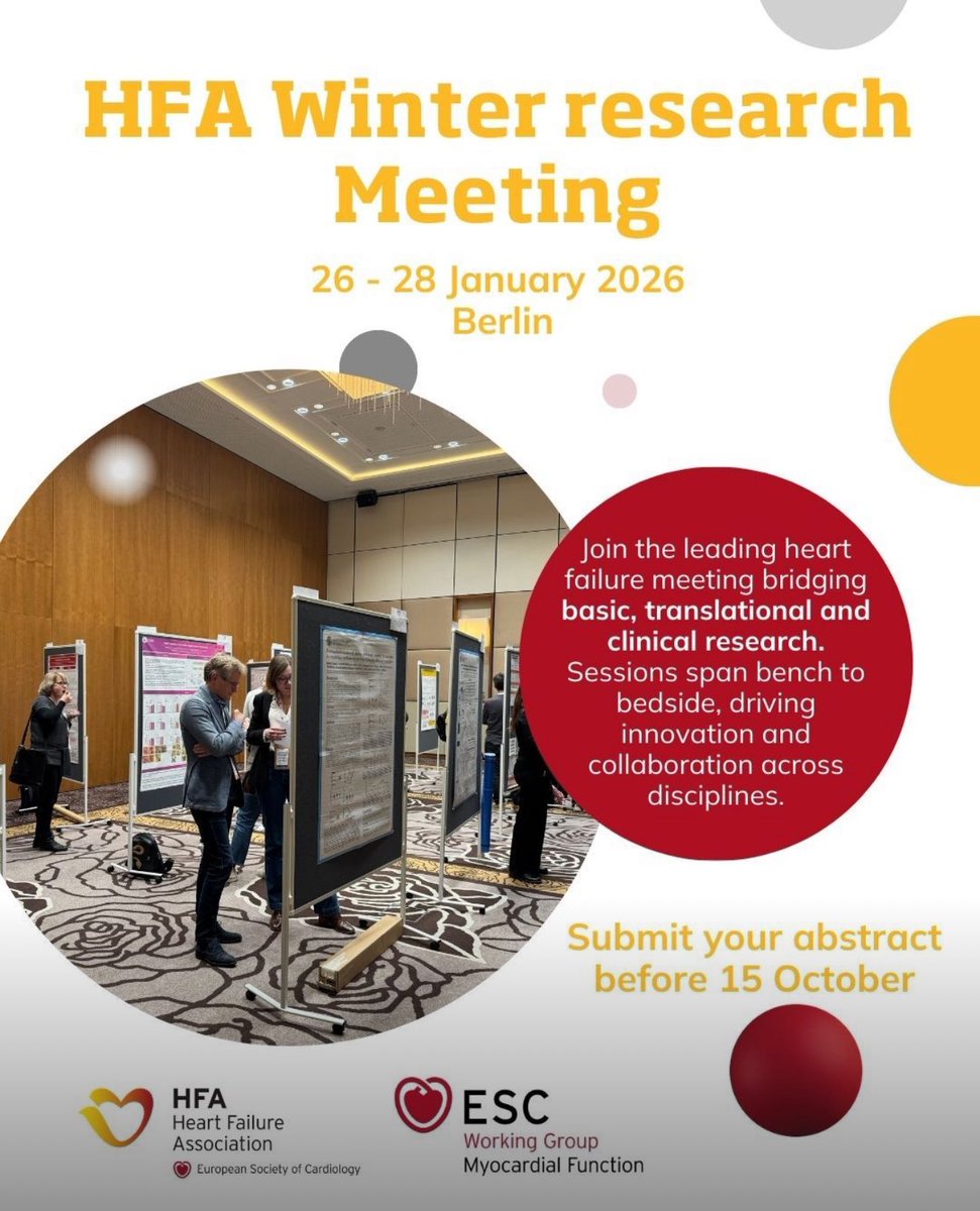 HFA_President's tweet image. Be part of the HFA Winter Research Meeting, 26–28 January 2026 in Berlin, Germany 🇩🇪✨

Don’t miss the chance to:
📍Dive into interactive sessions bridging bench to bedside research
📍Expand your network with leading HF experts
📍Present your work in highly selected poster…