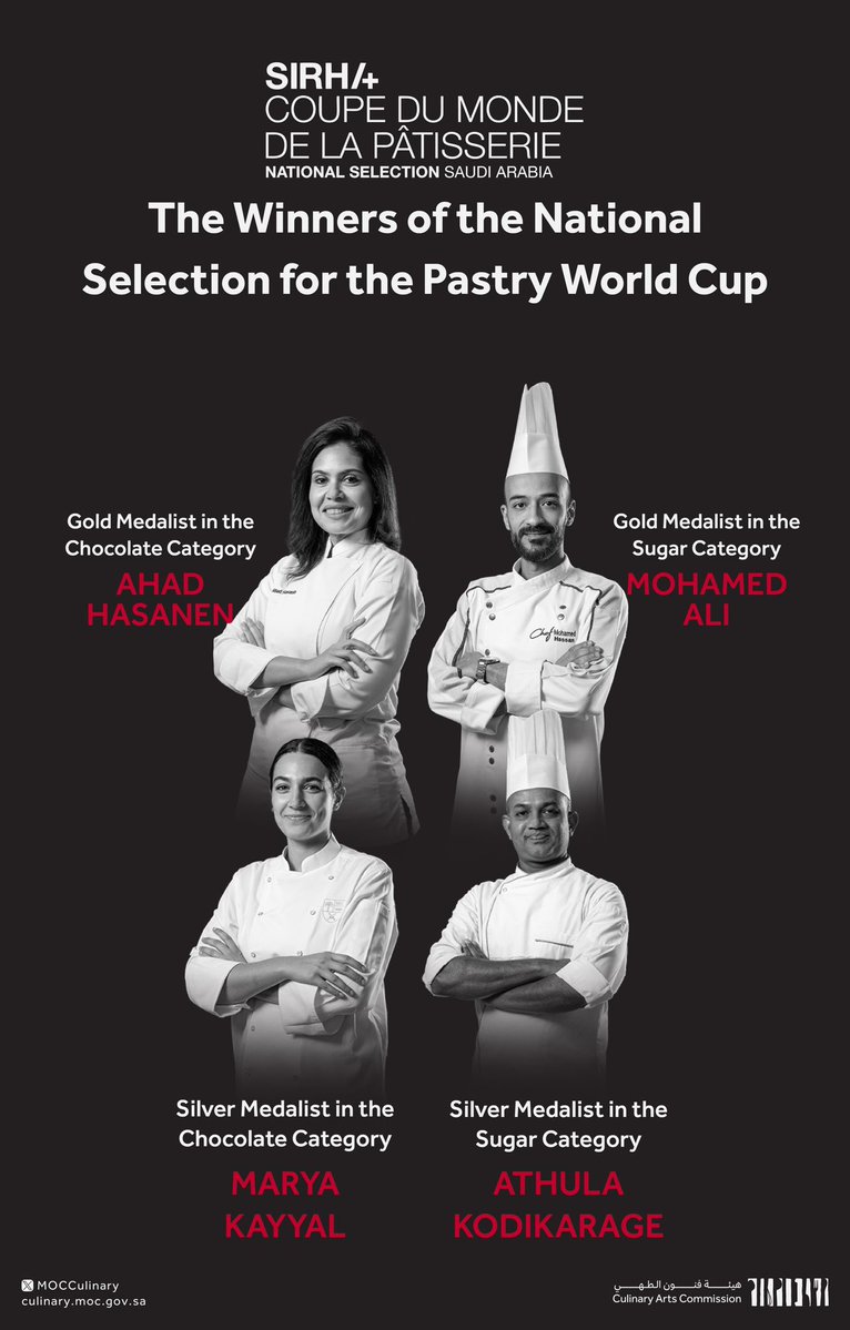 We are honored to announce the winners of the National Selection for Pastry World Cup, following an exceptional journey of skillful competition and high professionalism to represent the Kingdom in the 2026 Regional Qualifiers in Riyadh 🏆

#SaudiCulinaryArtsCommission