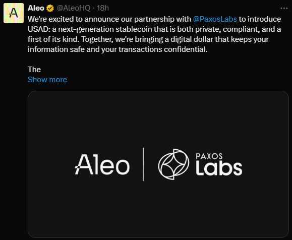 So what's with this partnerships? What's going on with Aleo's strategy?

- they're going B2B

They're pointing at <a href="/avax/">Avalanche🔺</a> as a success case - a B2B super org

That doesn't require any community to succeed.

Will this work? I'm very skeptical but there's no other option i guess.