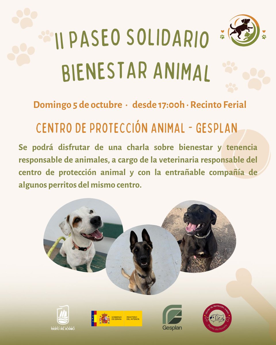 🐾💚 En el II Paseo Solidario Bienestar Animal también aprenderemos juntos gracias a una charla muy especial sobre bienestar y tenencia responsable de animales, impartida por la veterinaria responsable del Centro de Protección Animal. 🩺🐶

📅 Domingo 5 de octubre.