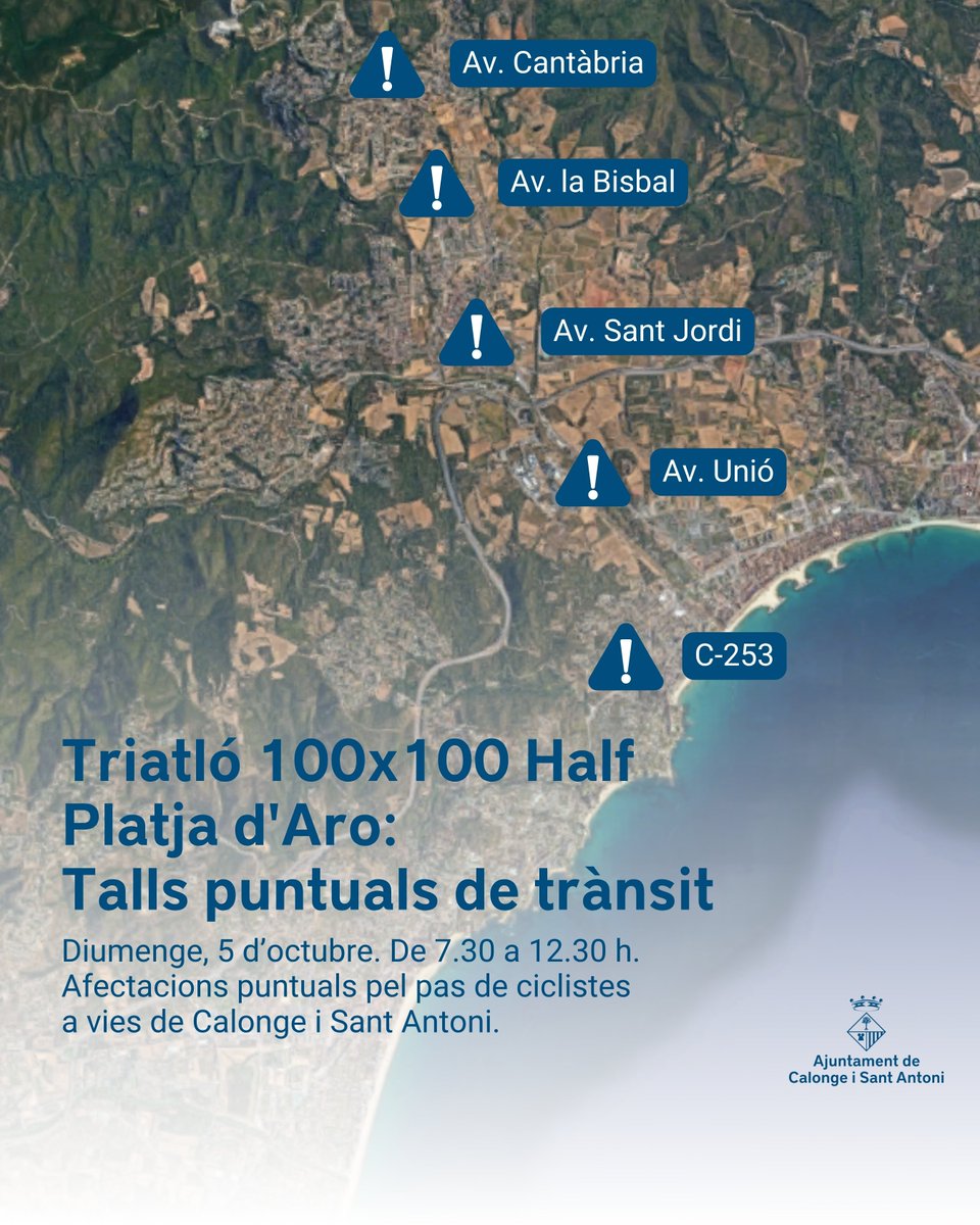 Ajuntament de Calonge i Sant Antoni (@ajuntcalonge) on Twitter photo ⚠️Talls intermitents i regulació del trànsit en vies de Calonge i Sant Antoni durant la realització de les proves de ciclisme del triatló 100x100 Half Platja d'Aro d'aquest diumenge De 7.30 a 12.30 ha la carretera C-253 i les avingudes Unió, Sant Jordi, la Bisbal i Cantàbria. ⚠️Talls intermitents i regulació del trànsit en vies de Calonge i Sant Antoni durant la realització de les proves de ciclisme del triatló 100x100 Half Platja d'Aro d'aquest diumenge De 7.30 a 12.30 ha la carretera C-253 i les avingudes Unió, Sant Jordi, la Bisbal i Cantàbria.