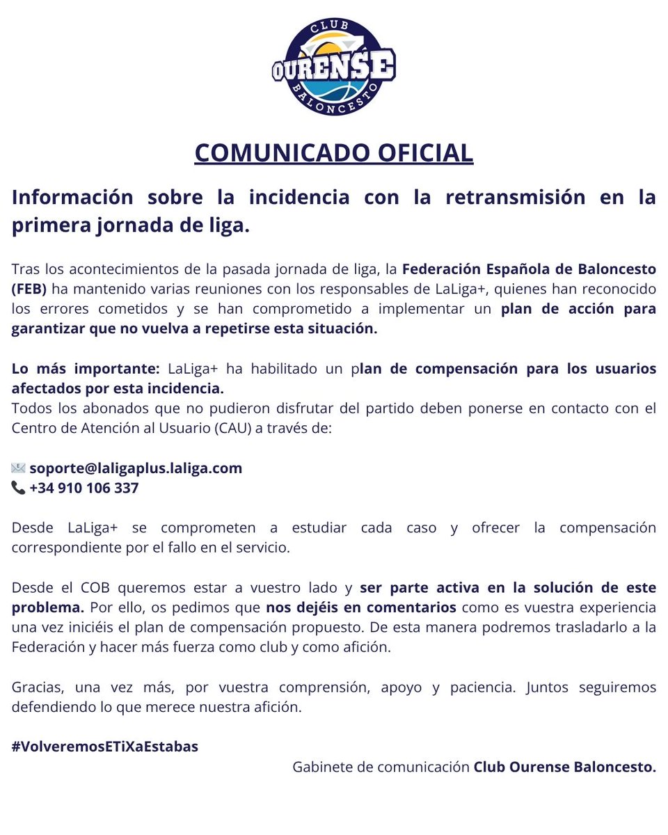 COMUNICADO OFICIAL: CLUB OURENSE BALONCESTO

#VolveremosETiXaEstabas