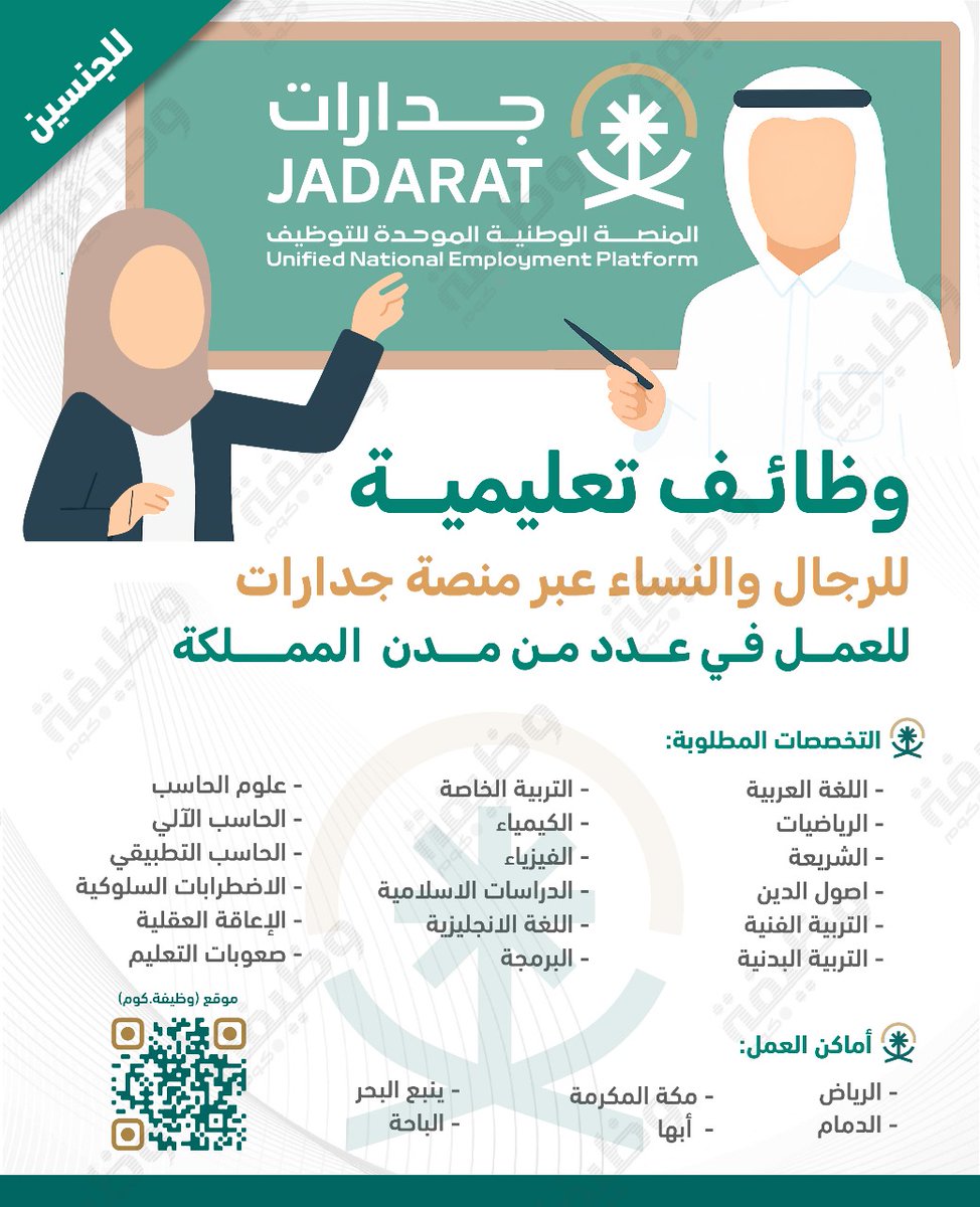 🛑 رسميـاً - #وظائف_تعليمية بمختلف مناطق المملكة

📋 للرجال والنساء - بدوام كامل بالفترة الصباحيــة ☀️

📋 قائمة التخصصات المطلوبة:

- اللغة العربية
- الرياضيات
- الشريعة
- اصول الدين
- التربية الفنية
- التربية البدنية
- التربية الخاصة
- الكيمياء
- الفيزياء
- الدراسات الاسلامية
-