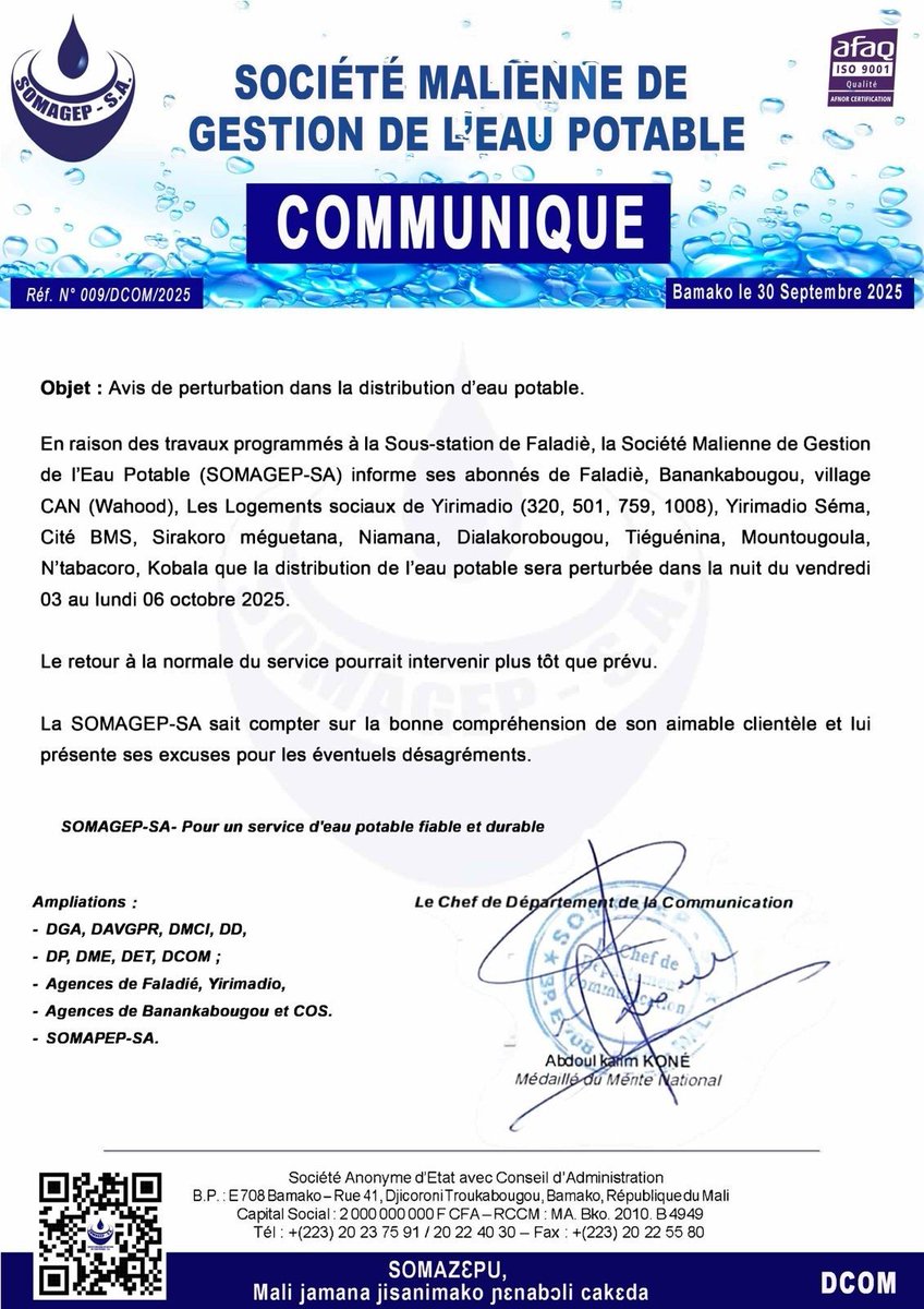 💧 Avis de perturbation dans la fourniture d’eau potable.
#somagep #eaupotable