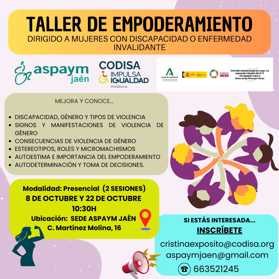 Nuevo taller de <a href="/Aspaym_Jaen/">Aspaym Jaén</a> "Empoderamiento para mujeres con discapacidad o enfermedad invalidante".

📅 8 y 22 de octubre | 10:30h
📍 Sede ASPAYM Jaén
ℹ️ Inscripciones: cristinaexposito@codisa.org / aspaymjaen@gmail.com | 663 521 245

#ASPAYMJaén #ASPAYMAndalucía #Igualdad
