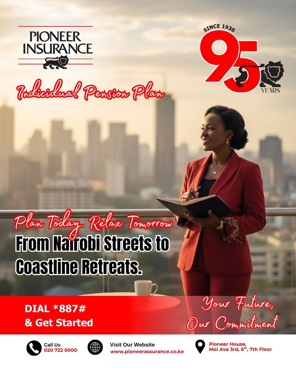 PioneerKenya's tweet photo. 💭 Nairobi hustle today… Mombasa breeze tomorrow?
Start small. Retire BIG. ✨
Secure your Individual Pension Plan with Pioneer Insurance and let your future take care of itself. 💡
📲 Dial *887# and get started
#PlanTodayRelaxTomorrow #PioneerInsurance #YourFutureOurCommitment https://t.co/tFXageG2dS