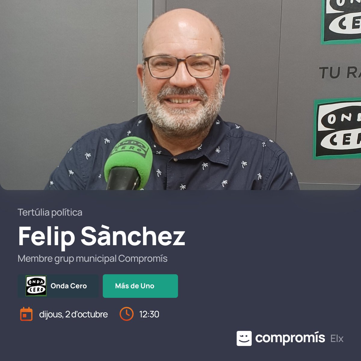 Compromís per Elx (@compromiselx) on Twitter photo 🗣️ Hui parlem sobre la negativa de Pablo Ruz d'acollir a menors migrants i la demanda de transport públic per a la UMH en la tertúlia política d'<a href="/OndaCeroElche/">Onda Cero Elche</a>.
ℹ️ A partir de les 12:30 hores amb el nostre company <a href="/Felip_sg/">Felip Sànchez</a> en ondacero.es/emisoras/comun…
#ràdio #tertúlia #elx 🗣️ Hui parlem sobre la negativa de Pablo Ruz d'acollir a menors migrants i la demanda de transport públic per a la UMH en la tertúlia política d'<a href="/OndaCeroElche/">Onda Cero Elche</a>.
ℹ️ A partir de les 12:30 hores amb el nostre company <a href="/Felip_sg/">Felip Sànchez</a> en ondacero.es/emisoras/comun…
#ràdio #tertúlia #elx