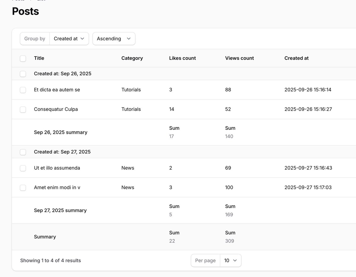 PovilasKorop's tweet image. Tip on @filamentphp.
Group by dates, not full timestamps.
Use `date()` on your group for cleaner DAILY summaries.
Link to docs: filamentphp.com/docs/4.x/table…
#practicalFilamentDocs