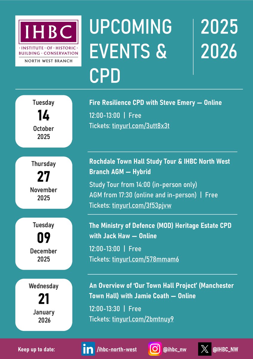 🚨 We are pleased to announce the IHBC North West events and CPD series for Autumn / Winter 2025-2026 🚨 

Check out the details below⬇️ 

Book your tickets via: tinyurl.com/yueuumbb

#AdaptiveReuse #CPD #Conservation #Heritage    #IHBCNorthWest #Restoration
@IHBCtweet