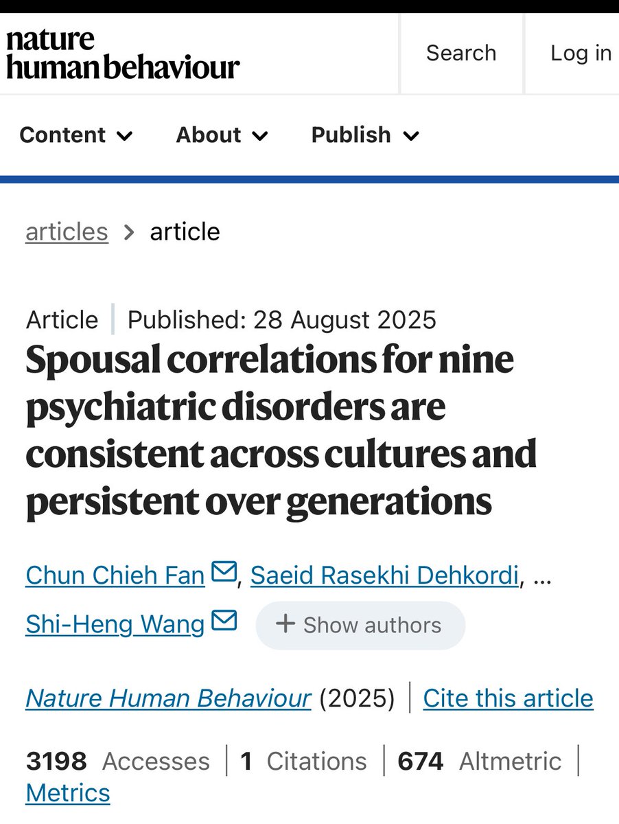 夫婦は「趣味」だけじゃなく「精神疾患リスク」まで似る🧠💔
☑︎ 台湾・デンマーク・スウェーデン、500万組以上を解析
☑︎ うつ病・不安・ADHDなど9疾患で一貫して“夫婦相関”が確認された

文化が違っても同じ結果。これは衝撃

#今日の論文紹介
#精神疾患
#NatHumBehav