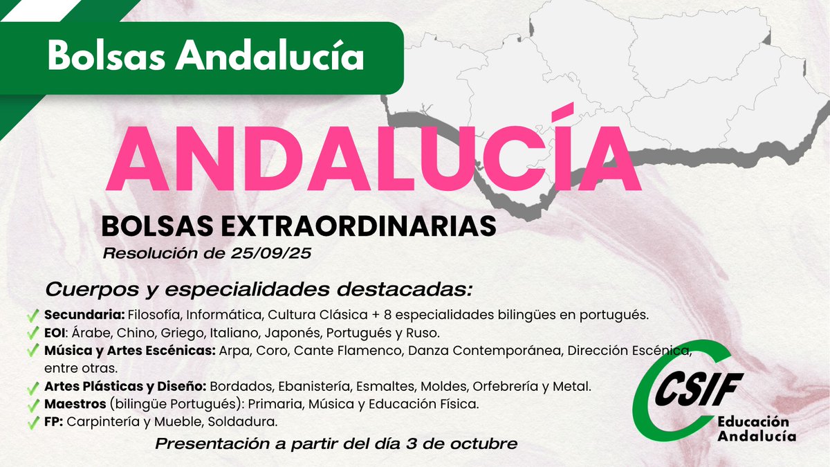 CSIFenseA's tweet image. 📢 ¡NUEVA CONVOCATORIA DE BOLSAS DOCENTES!
La Consejería de Desarrollo Educativo y FP ha publicado en BOJA (02/10/2025) una convocatoria extraordinaria de acceso a bolsas en un total de 39 especialidades.

📚 Cuerpos y especialidades destacadas:
👩‍🏫 Secundaria: Filosofía,…