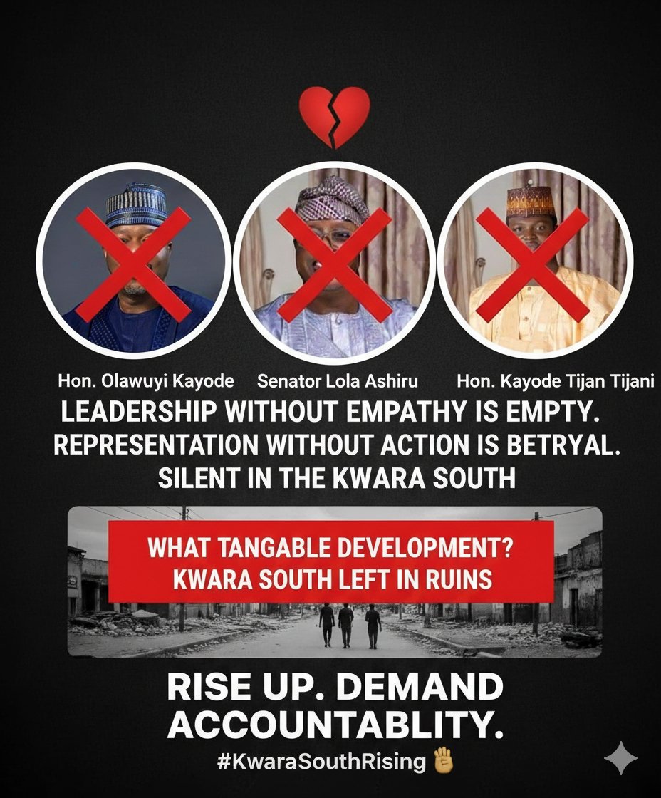 InsightbyOppy's tweet photo. No empathy, no action. Kwara South bleeds, yet our reps, Senator Lola Ashiru @ArcLolaAshiru, Hon. Ismail, Hon. Olawuyi, remain silent. What tangible thing have they brought? Our region is left in ruins. We must call them out.
#KwaraSouth #Accountability
#bbnajias10 #Okeode https://t.co/piT6DpgCCm