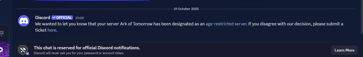 SpadeAOT's tweet photo. / / / / 
Ark of Tomorrow ─── ✦ . 　⁺ 　 . ✦ . 　⁺

Hello! Last night we got notified by the official Discord account that our server has been marked as "age restricted" automatically without any of our previous involvement. https://t.co/KOXQEbAgqF