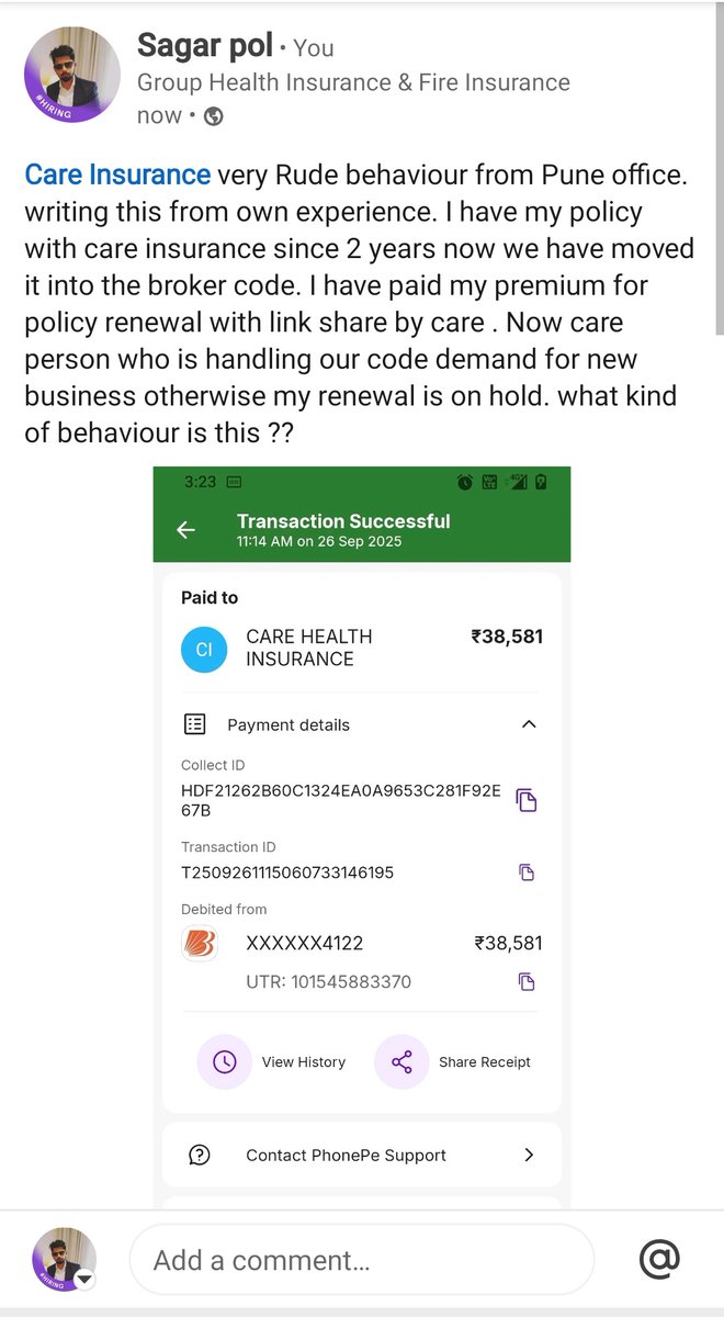 InsureFight's tweet image. Now I got this from Linkdin .
Understanding Scenario Insurance company not Changing Code after payment is done from Agent to Broker. Policy on Hold knowing that Policy is in Grace time. 
@careinsuranceIN  This is Unprofessional behaviour. #CareInsurance #HealthInsurance