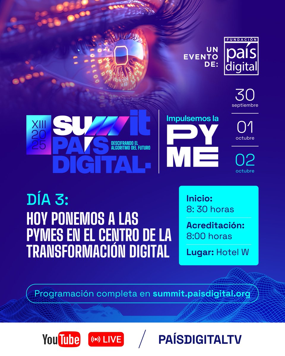 fpaisdigital's tweet photo. 🚀 Hoy cerramos el XIII #SummitPaísDigital con un día 100% dedicado a los emprendedores con el Summit #ImpulsemosLaPyme. 

📲 Revisa la agenda en https://t.co/VvsYQi26tD

🔴 En vivo: YouTube / PaísDigitalTV

#PaísDigital #SummitFPD https://t.co/kHCQ5HZQ3f