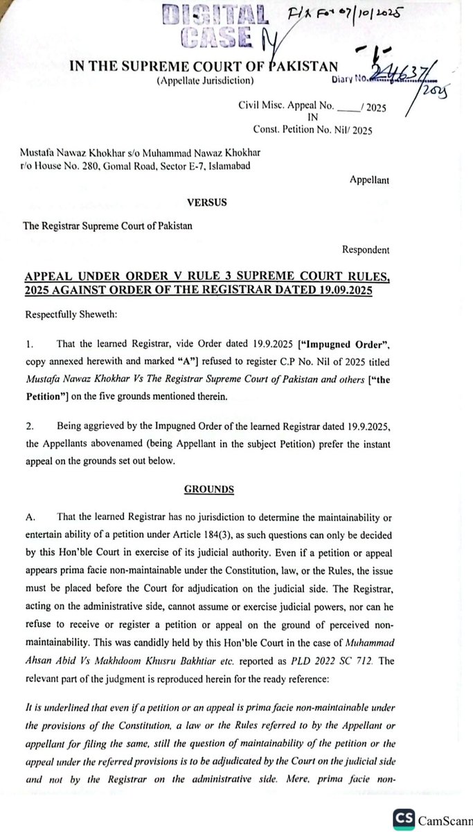 mustafa_nawazk's tweet photo. I've filed an appeal against the registrar's decision to return my petition, seeking justice once again. My petition argues that the majority decision of the Practice &amp; Procedure Committee remains valid in law and cases related to the 26th should only be heard by a full court. https://t.co/0wIiX4kDuV
