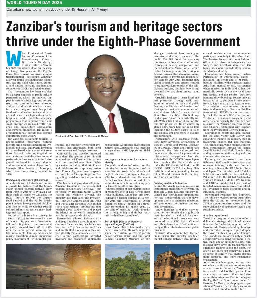 Following the World Tourism Day celebrations, I congratulate the Government of Zanzibar, under the leadership of H.E. Dr. Hussein Ali Mwinyi, for the remarkable transformation of the tourism and heritage sectors.

From positioning Zanzibar as a year-round destination to