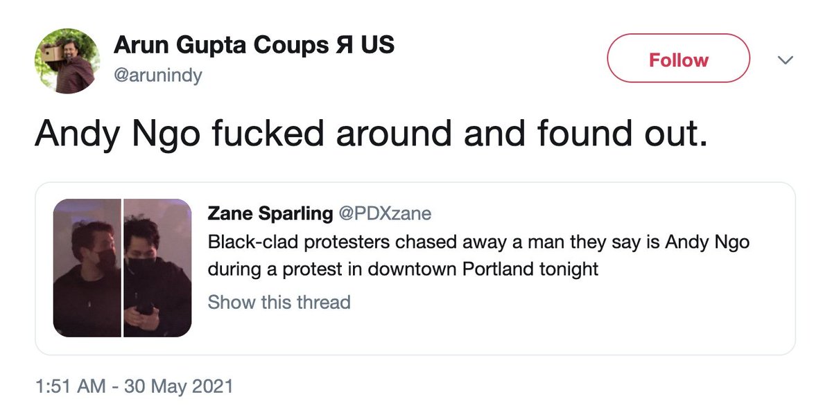 MrAndyNgo's tweet image. On Twitter, Antifa were coordinating in real-time how to finish me off at the hotel and hospital after I was beaten. 

Self-identified journalist Arun Gupta @arunindy celebrated the attack and was upset I wasn&apos;t murdered. He asks how Antifa failed to keep their chokehold on me…
